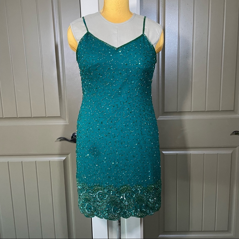 Teal beaded cocktail dress